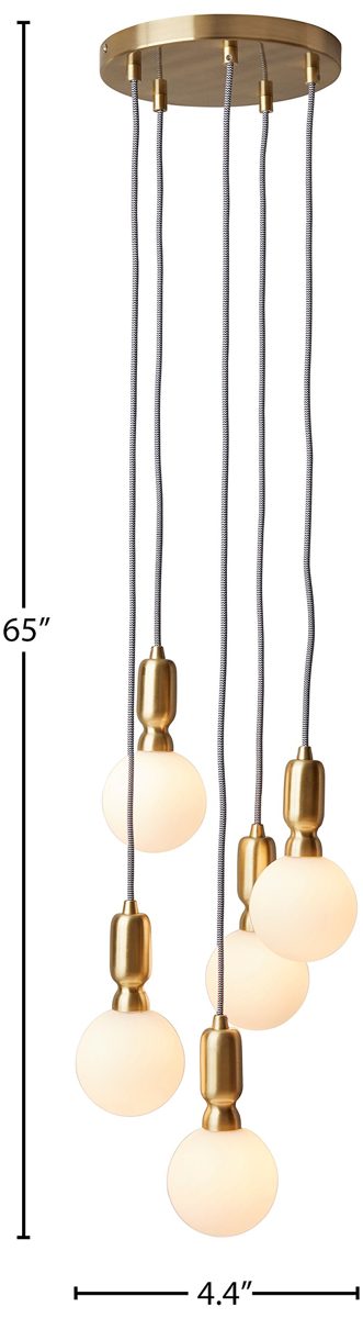 Rivet Diana Mid-Century Modern 5-Globe Ceiling Pendant Chandelier with LED Light Bulbs, 65" Cord, Gold