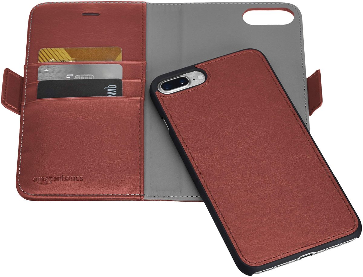 AmazonBasics iPhone 8 Plus / 7 Plus PU Leather Wallet Detachable Case, Dark Brown (Renewed)