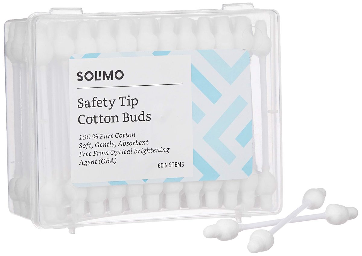 Amazon Brand - Solimo Safety Tip Baby Cotton Buds with Ear Protection - 60 Sticks (Pack of 2)