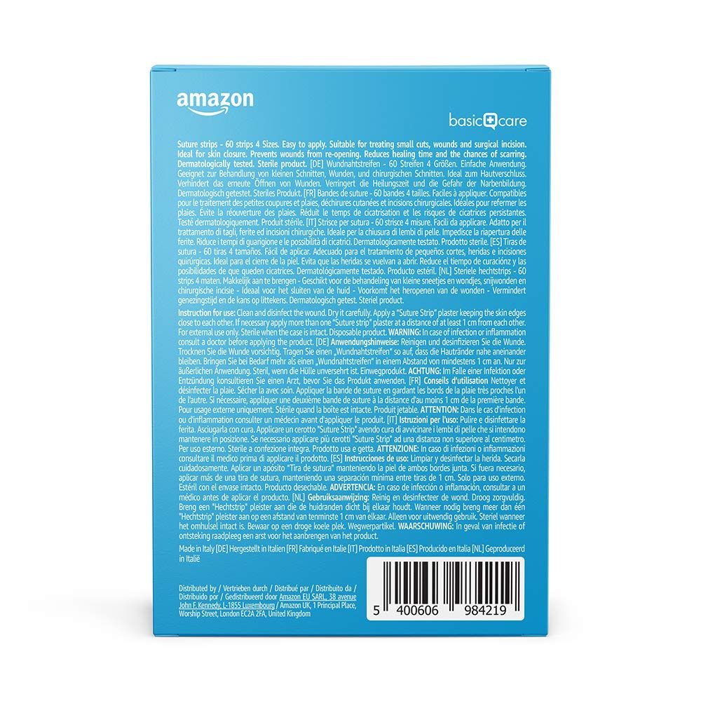Amazon Basic Care - Hypoallergenic Sterile Suture Strips, 4 sizes - 60 Strips
