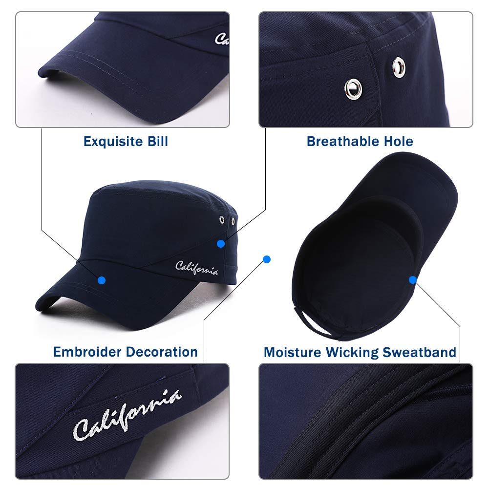 Jeff & Aimy Mens Cotton Military Cadet Army Cap Flat Top Baseball Hats Outdoor Casual Summer Sun Hat Adjustable 56-60CM Navy