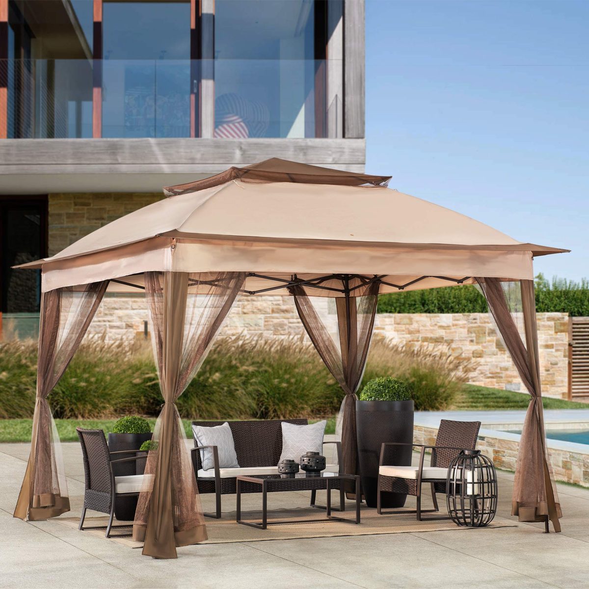 AmazonBasics Outdoor Patio Garden Pop Up Gazebo with Mosquito Net - Beige and Khaki