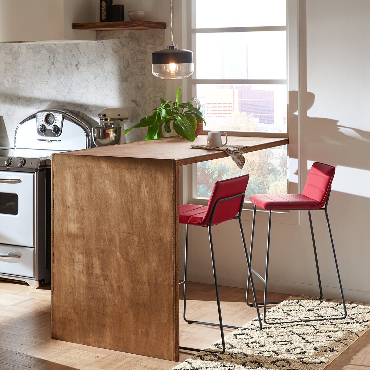 Amazon Brand – Rivet Julian Minimalist Modern Tufted Kitchen Bar Height Stools, Set of 2, 37.8 Inch Height, Synthetic Leather, Red