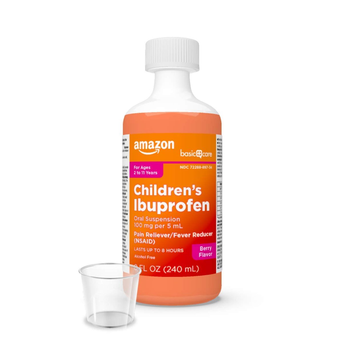 Basic Care Children's Ibuprofen Oral Suspension 100 mg per 5 mL (NSAID), Pain Reliever and Fever Reducer, Berry Flavor, 8 Fluid Ounces