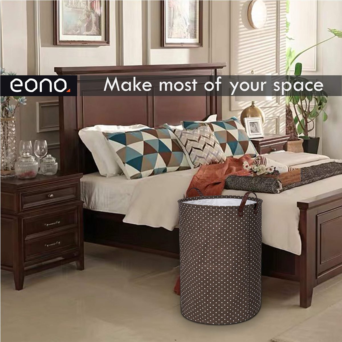 Eono Amazon Brand 19-Inches Thickened Large Laundry Basket with Durable Leather Handle, Drawstring Waterproof Round Cotton Linen Collapsible Storage Basket (Brown, L)