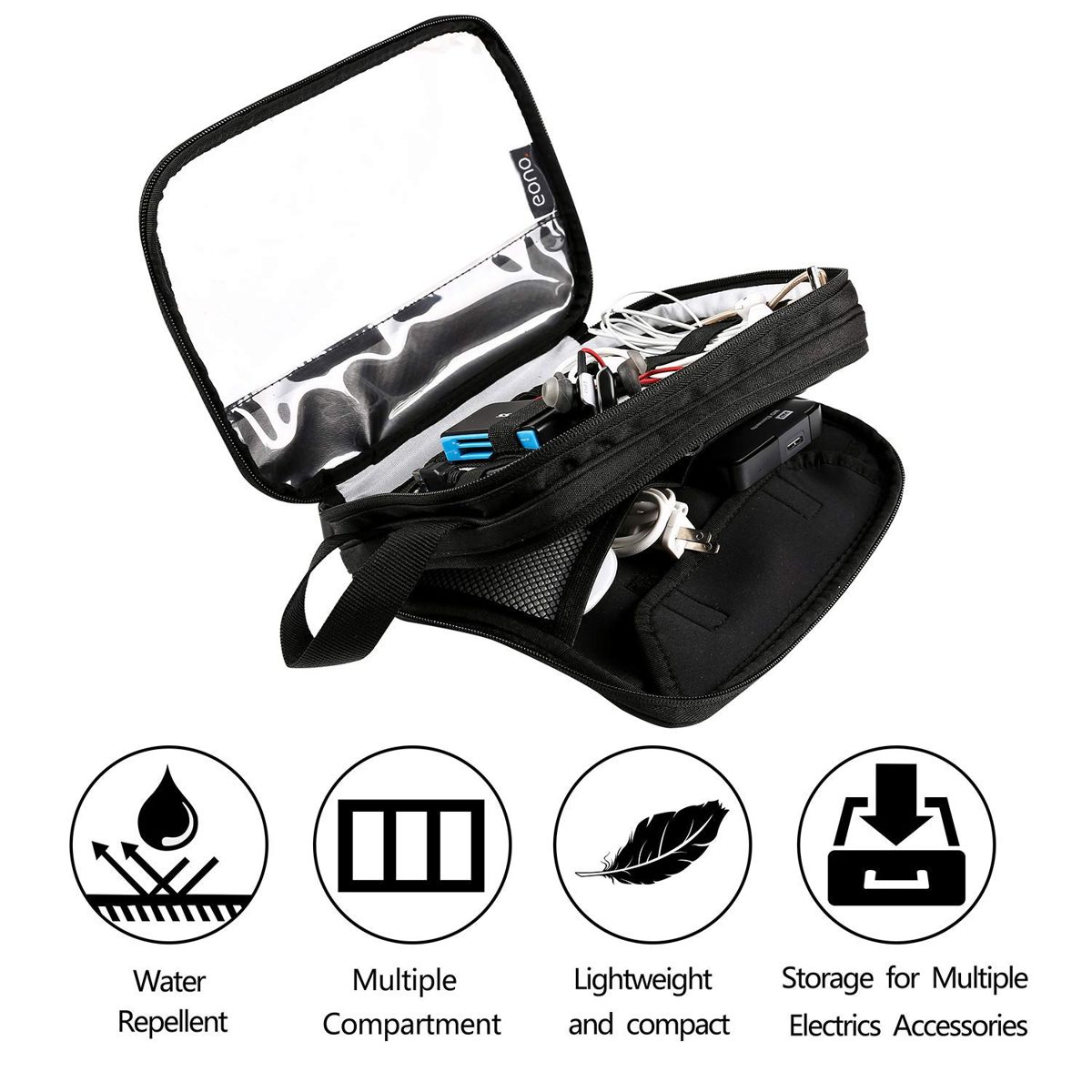 Eono by Amazon - Electronic Organizer, Double Layer Travel Gadget Bag For USB Cable, SD Card, Hard Drive, Power Bank, iPad Mini/Nintendo Swith Console/E-book or Tablet (up to 7.9'') Black