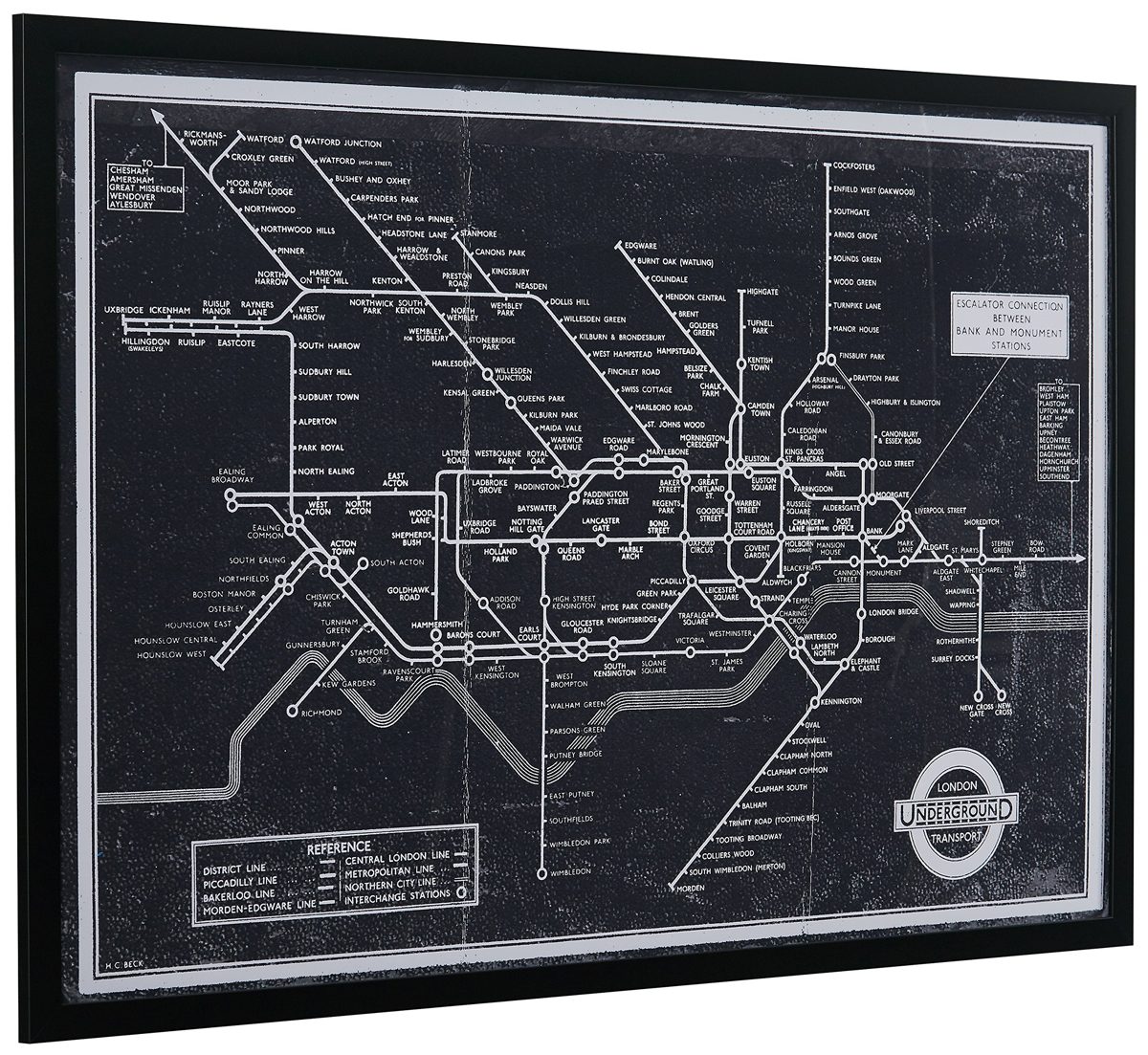 Amazon Brand – Rivet Black and White Blueprint Map of London Underground Wall Art, Black Frame, 26" x 18"