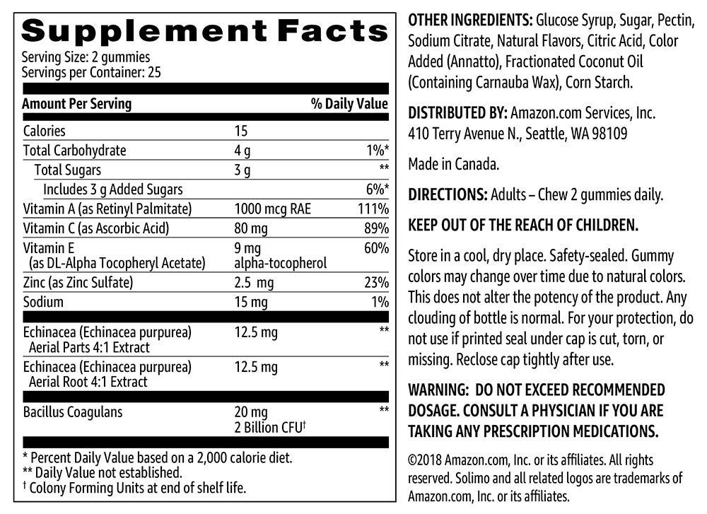 Amazon Brand - Solimo Probiotic & Immune Support, 2 Billion CFU with 25 mg Echinacea per Serving (2 Gummies), 50 Gummies