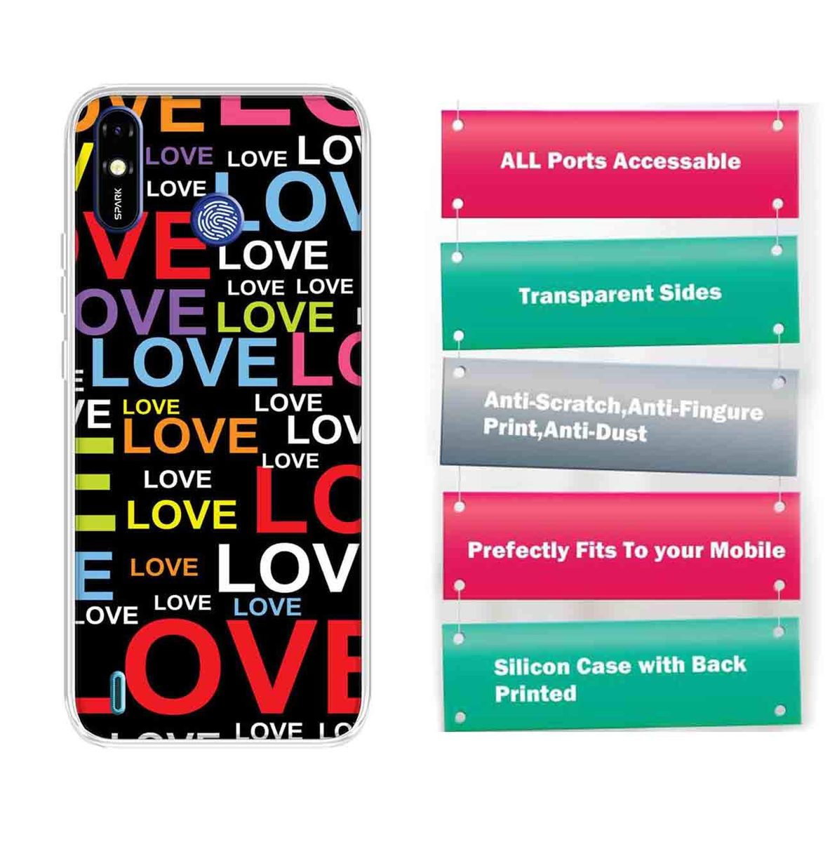Amazon Brand - Solimo Designer Multicolor Typography Love Black Pattern Design Printed Soft Back Case Mobile Cover for Tecno Spark Go Plus