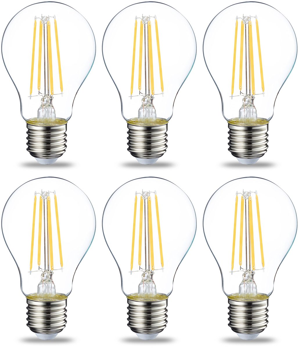 AmazonBasics LED E27 Edison Screw Bulb, 7W (equivalent to 60W), Clear Filament - Pack of 6