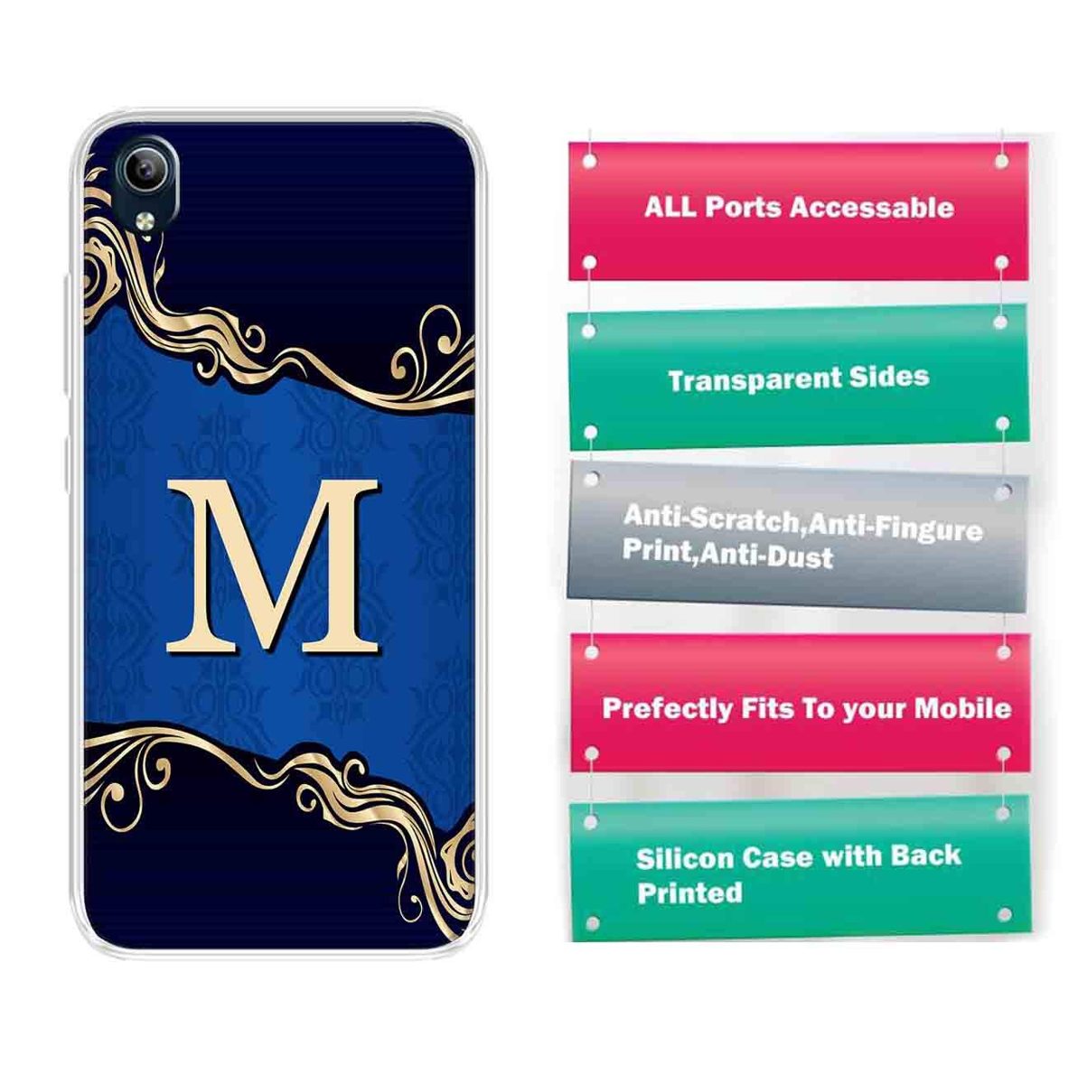 Amazon Brand - Solimo Designer Multicolor Blue Pattern Alphabet-M Printed Soft Back Case Mobile Cover for Vivo Y91i / Vivo Y90