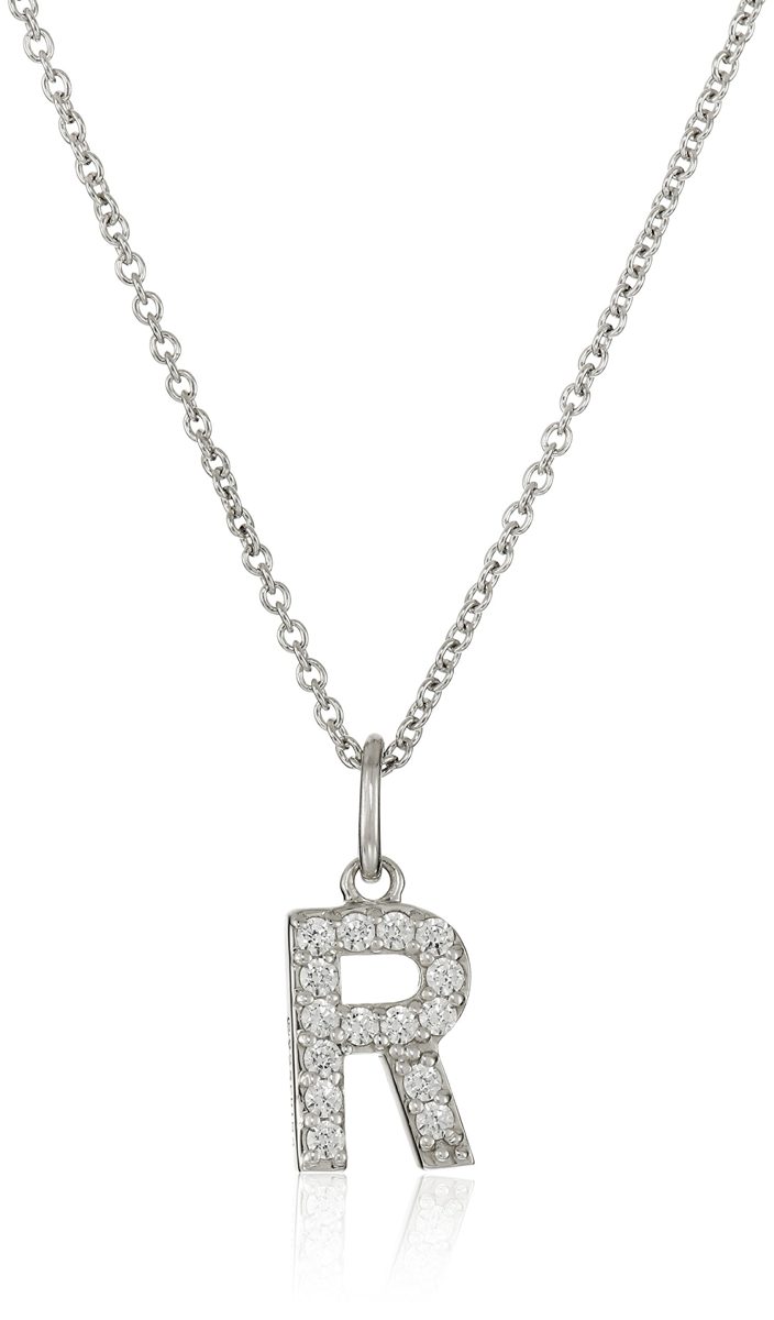 Platinum Plated Sterling Silver Swarovski Zirconia Initial Pendant Necklace, 18"