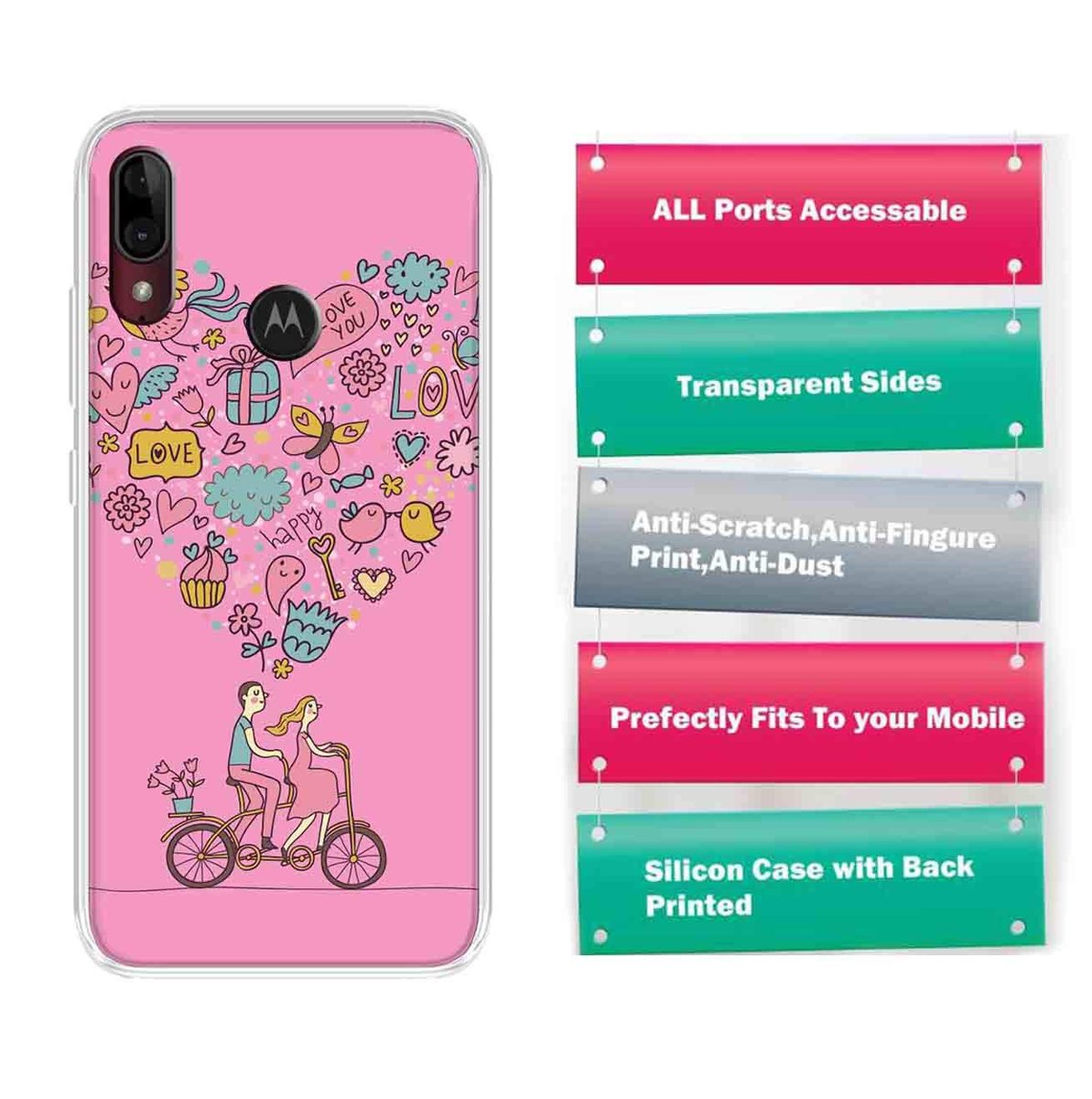 Amazon Brand - Solimo Designer Multicolor Happy Love Pink Pattern Printed Soft Back Case Mobile Cover for Motorola Moto E6s / Motorola Moto E6 Plus