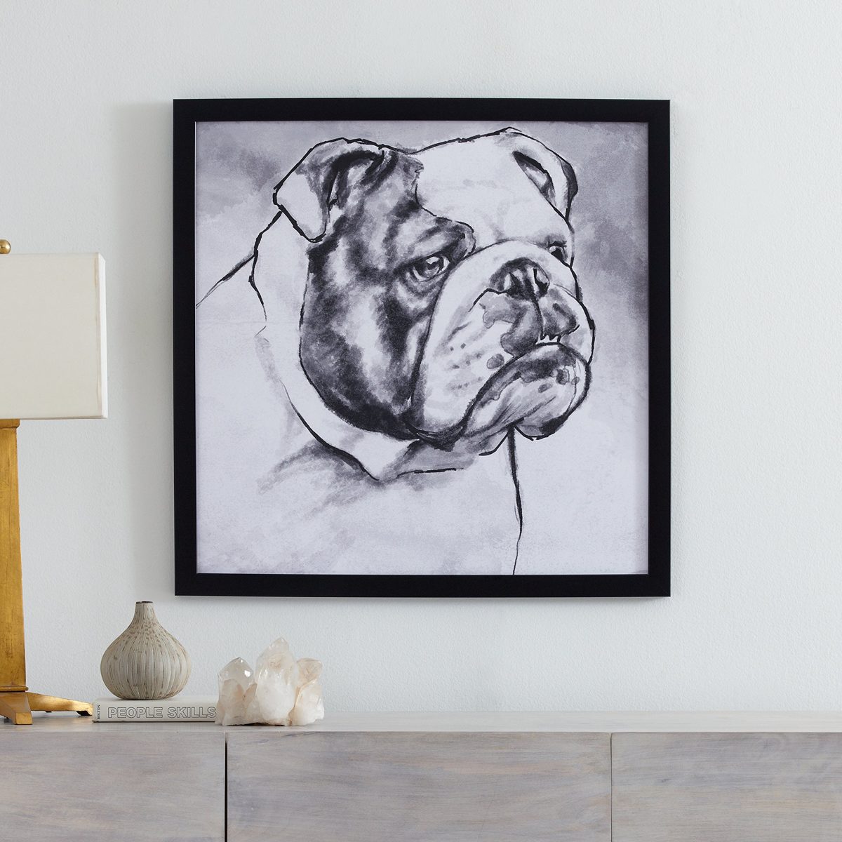 Amazon Brand – Stone & Beam Modern Black and White Print Wall Art of English Bulldog, Black Frame, 26" x 26"