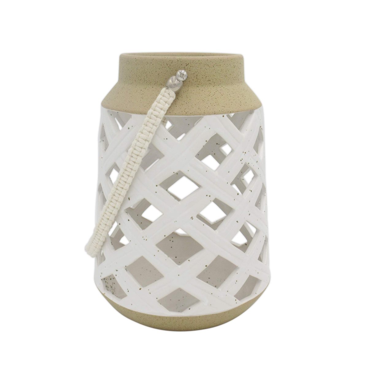 Amazon Brand – Stone & Beam Modern Decorative Stoneware Container with Strap, 8.66"H, Beige and White