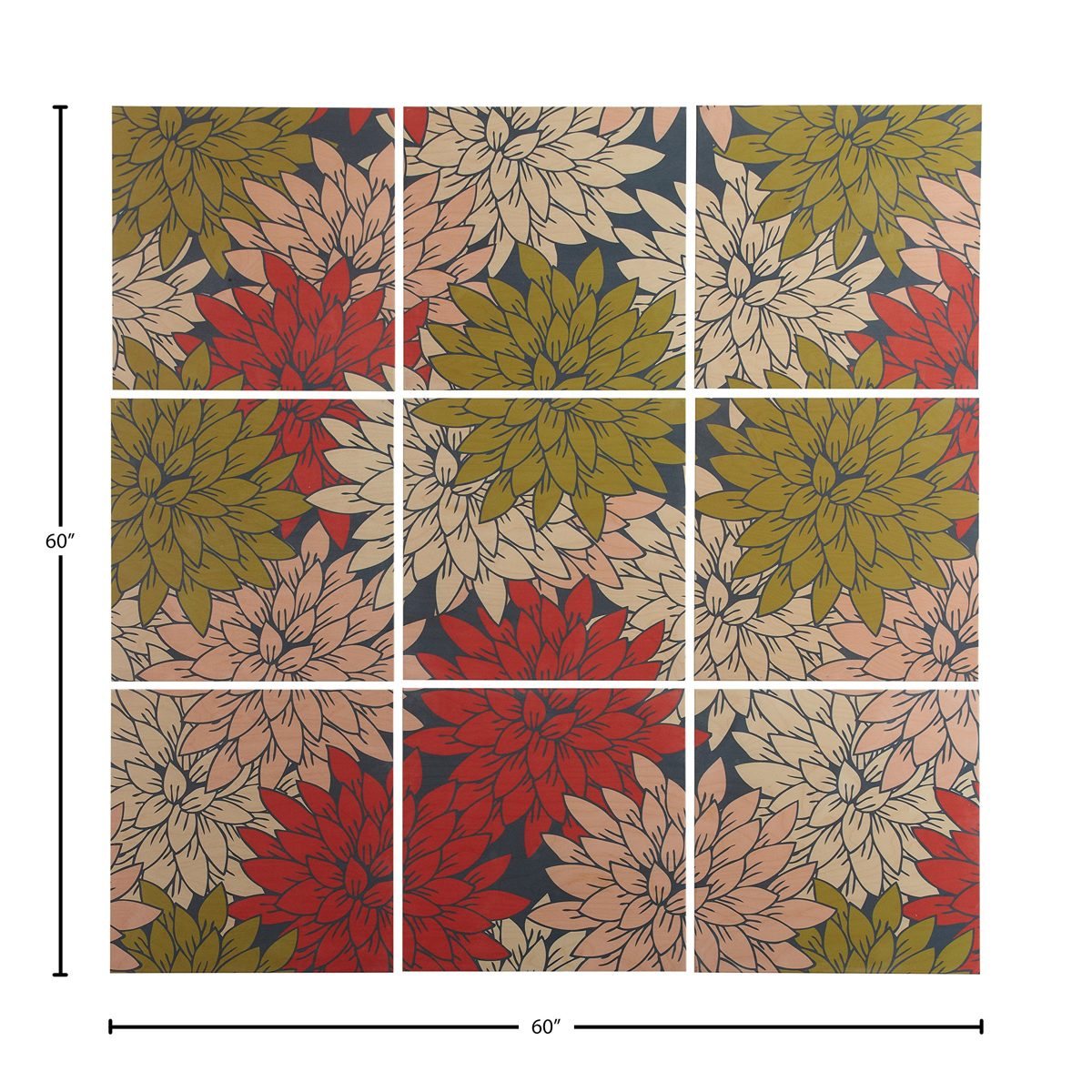 9-Piece Floral Red and Green Art Print Mural on Wood