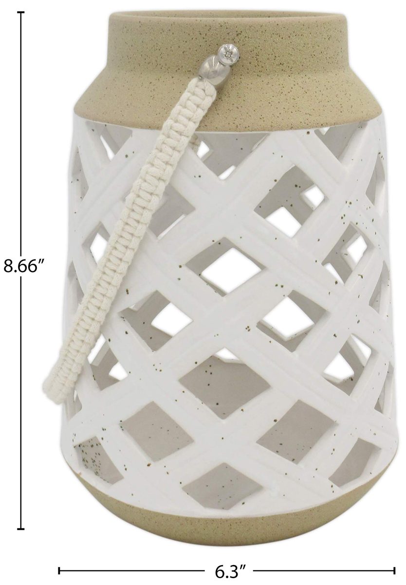 Amazon Brand – Stone & Beam Modern Decorative Stoneware Container with Strap, 8.66"H, Beige and White