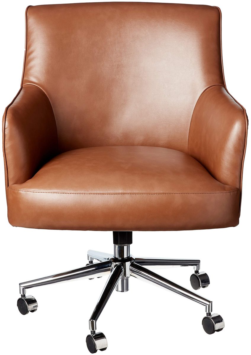 Amazon Brand – Rivet Mid-Century Bonded Leather Swivel Office Chair with Chrome Metal Base, 22.8"W, Saddle Brown