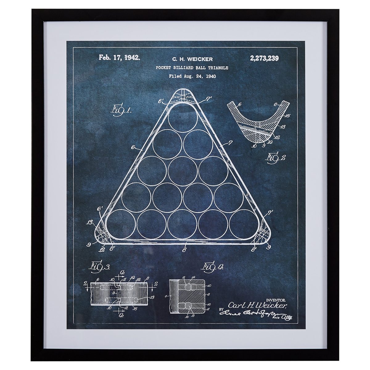 Amazon Brand – Stone & Beam Modern Dark Blue Print, Billiard Rack Patent Wall Art, in Black Frame, 28" x 34"