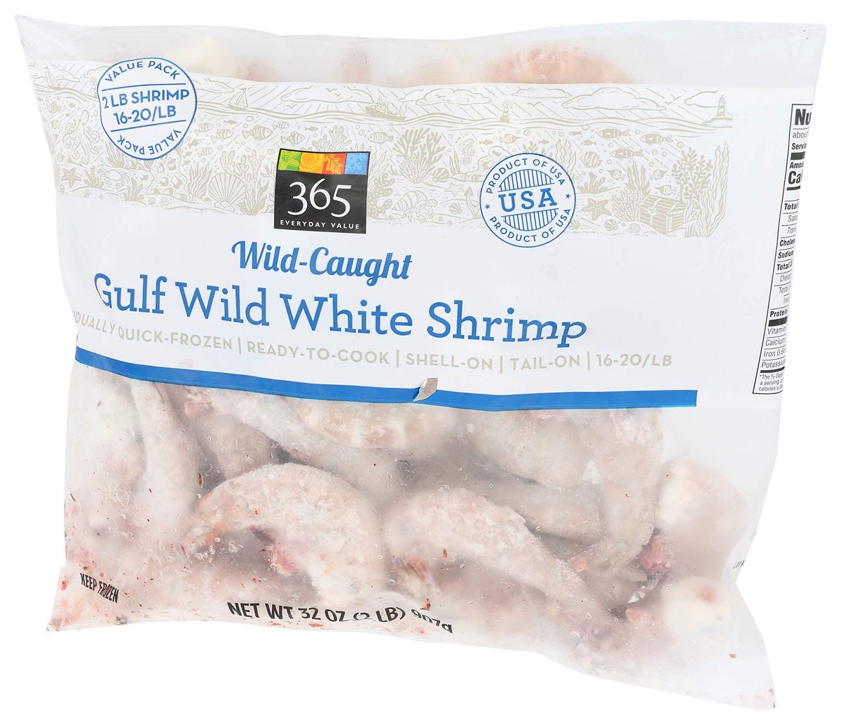 365 Everyday Value, Wild-Caught Seafood Value Pack, Gulf Wild White Shrimp, Shell-On & Tail-On (16-20/lb), 32 Ounce (Frozen)