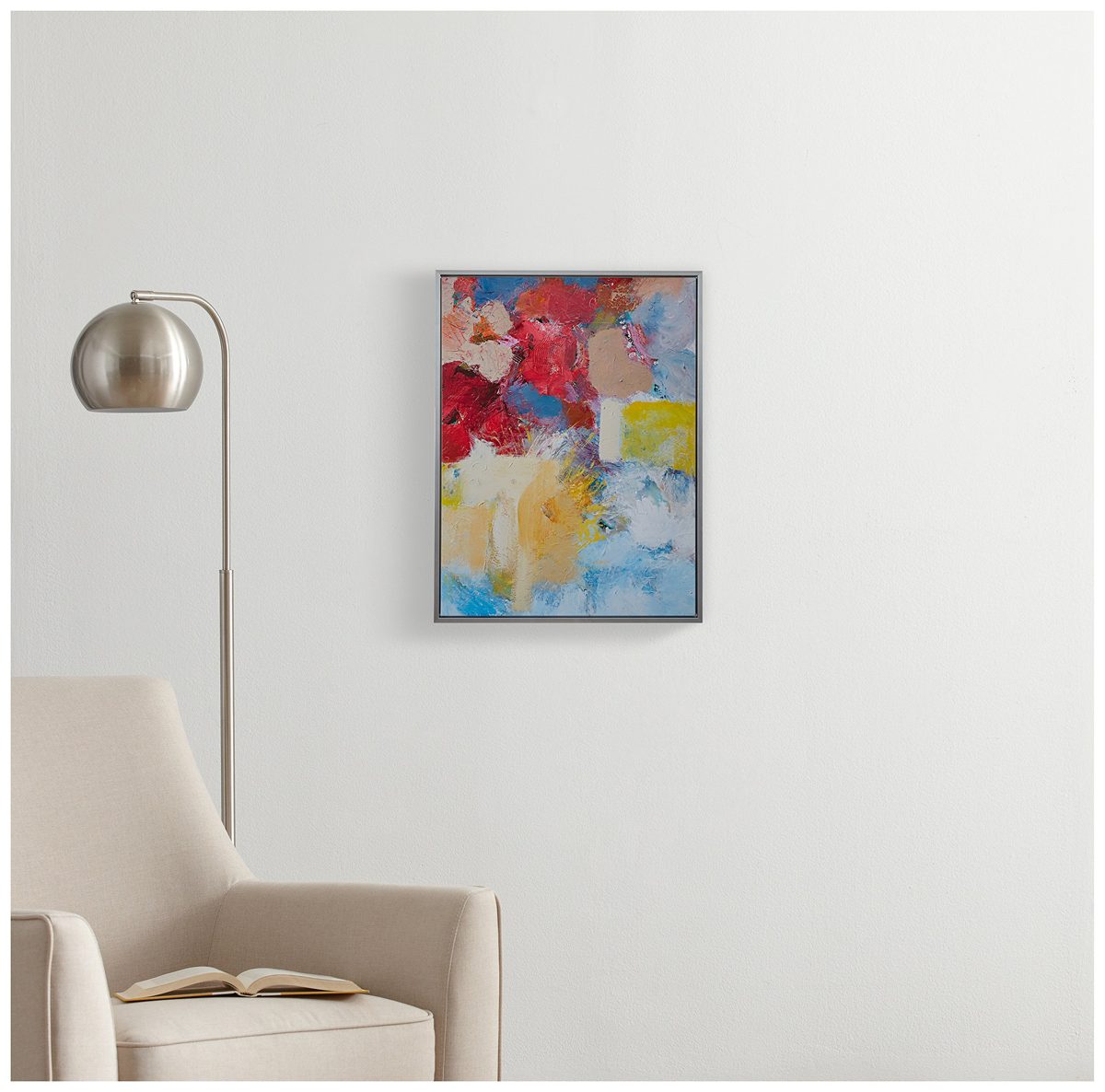 Amazon Brand – Stone & Beam Abstract Red and Blue Print on Canvas Wall Art, Silver Frame, 17.75" x 21.75"