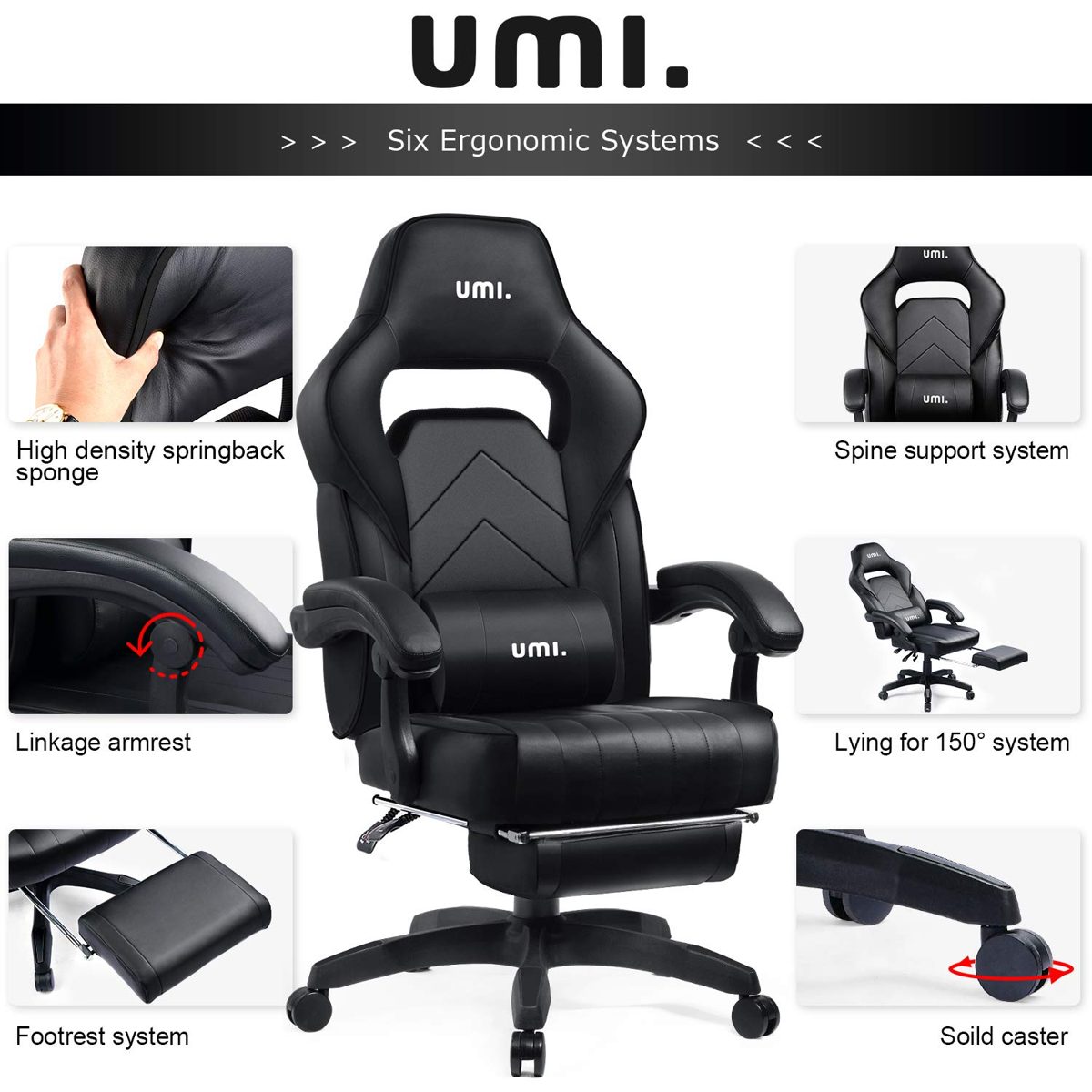 UMI Gaming Chair Office Chair with Footrests Gamer Swivel Chair Height-Adjustable Gaming Chair PC Chair Ergonomic Executive Chair with Armrests