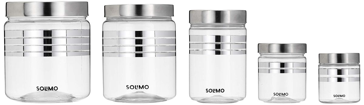 Amazon Brand - Solimo Plastic Container Set, 15-Pieces, Silver with Stainless Steel Lid & Wide Mouth