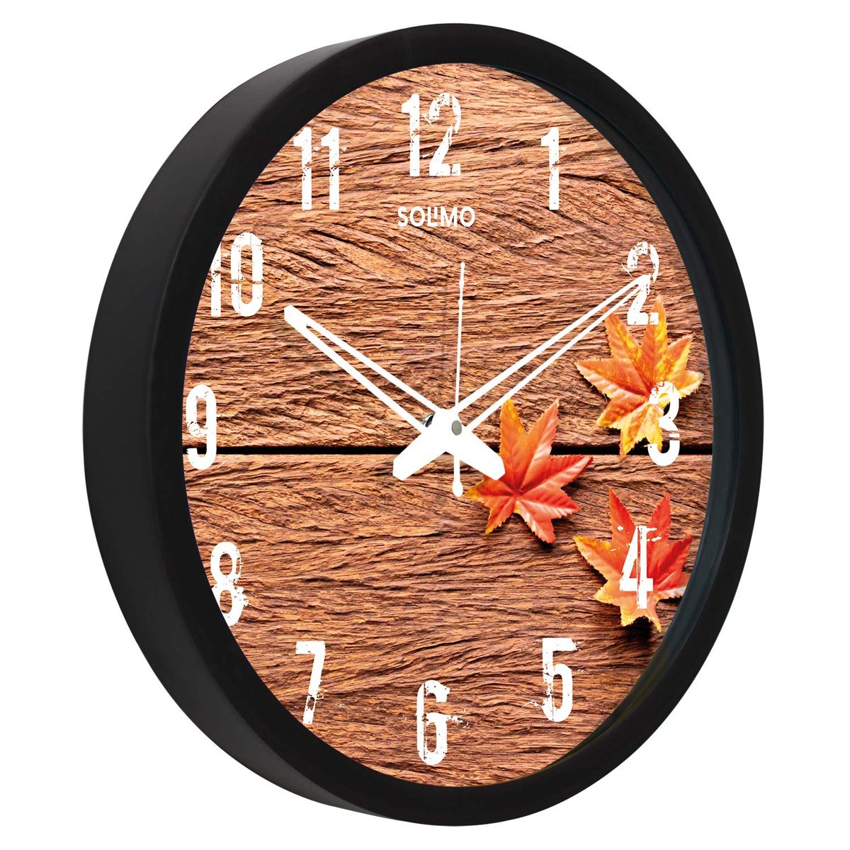 Amazon Brand - Solimo 12-inch Wall Clock - Autumn Leaves (Silent Movement, Black Frame)