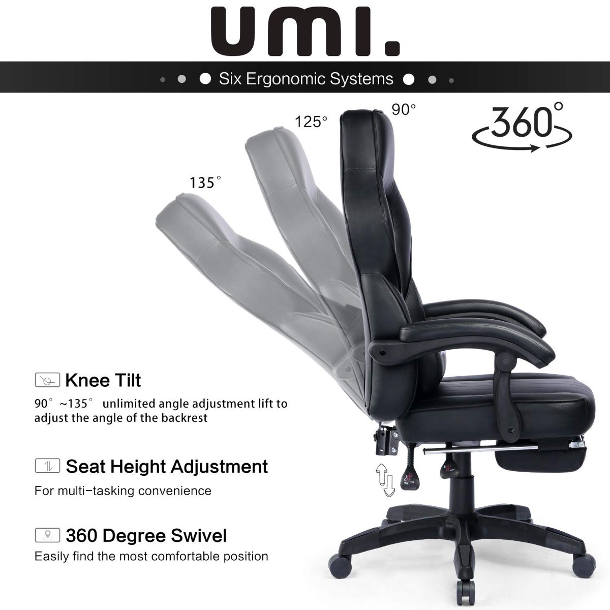 UMI Gaming Chair Office Chair with Footrests Gamer Swivel Chair Height-Adjustable Gaming Chair PC Chair Ergonomic Executive Chair with Armrests