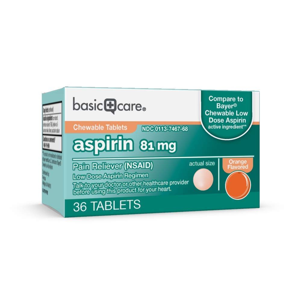 Amazon Basic Care Aspirin 81 mg Pain Reliever (NSAID) Chewable Tablets, Low Dose Aspirin, Orange Flavor, 36 Count