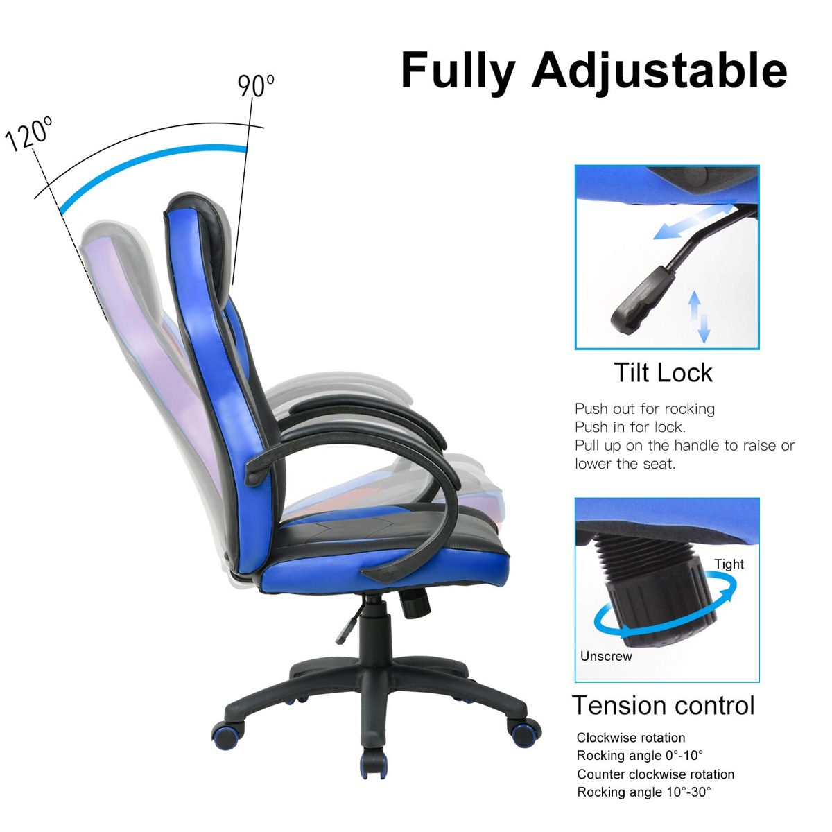 UMI. Essentials Gaming High Back Office Desk Racing Reclining Computer Swivel Chair (Blue)