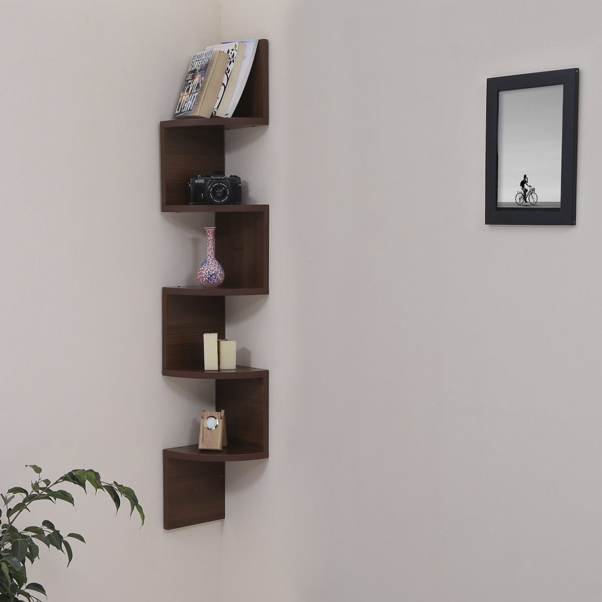 Amazon Brand - Solimo Zig-Zag Corner Wall Shelf (Matte Finish, Walnut)