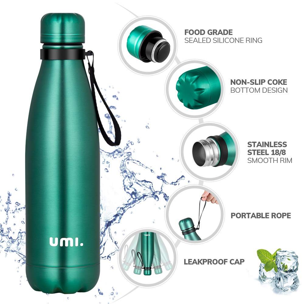 UMI. by Amazon Water Bottle in Stainless Steel / 750 ml or 500 ml / Vacuum Insulated Thermos Bottle / BPA-Free / Leak-Proof / Water Bottle for Sports, Outdoors, Office or School, 500ml, dark green
