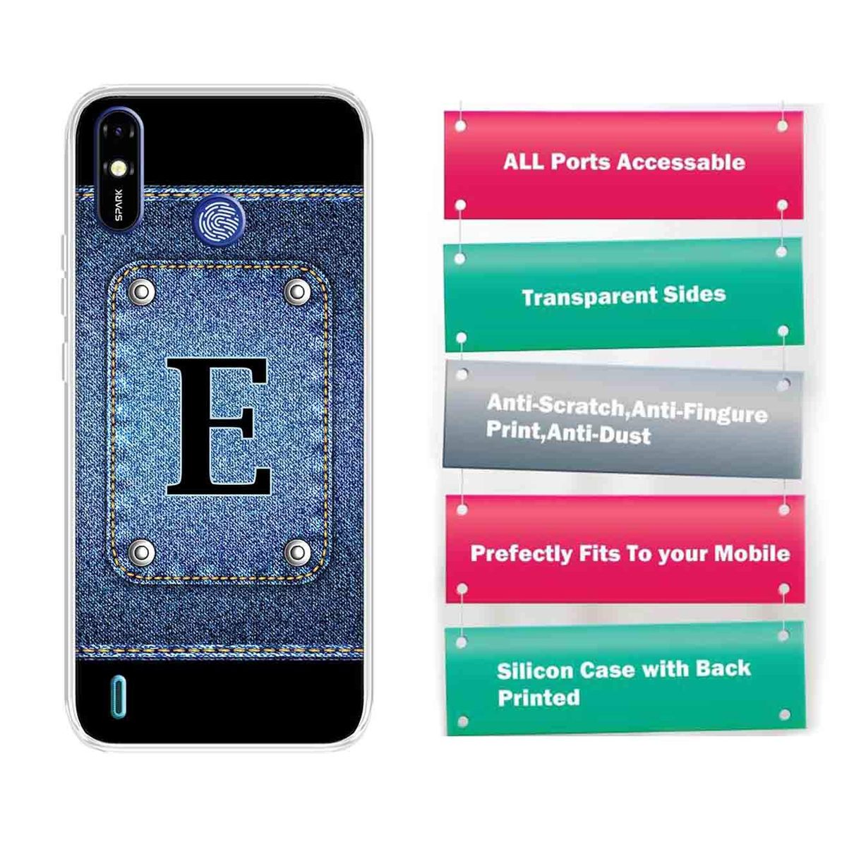 Amazon Brand - Solimo Designer Multicolor Button Jeans Alphabet-E Printed Soft Back Case Mobile Cover for Tecno Spark Go Plus