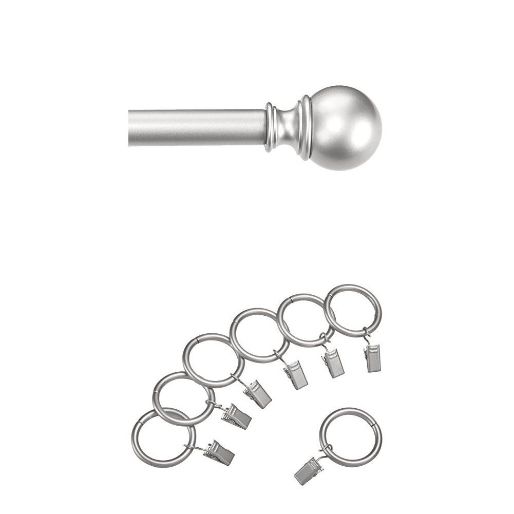 AmazonBasics 1" Curtain Rod with Round Finials, 36" to 72" and AmazonBasics 1" Curtain Clip Ring, Set of 7, Nickel