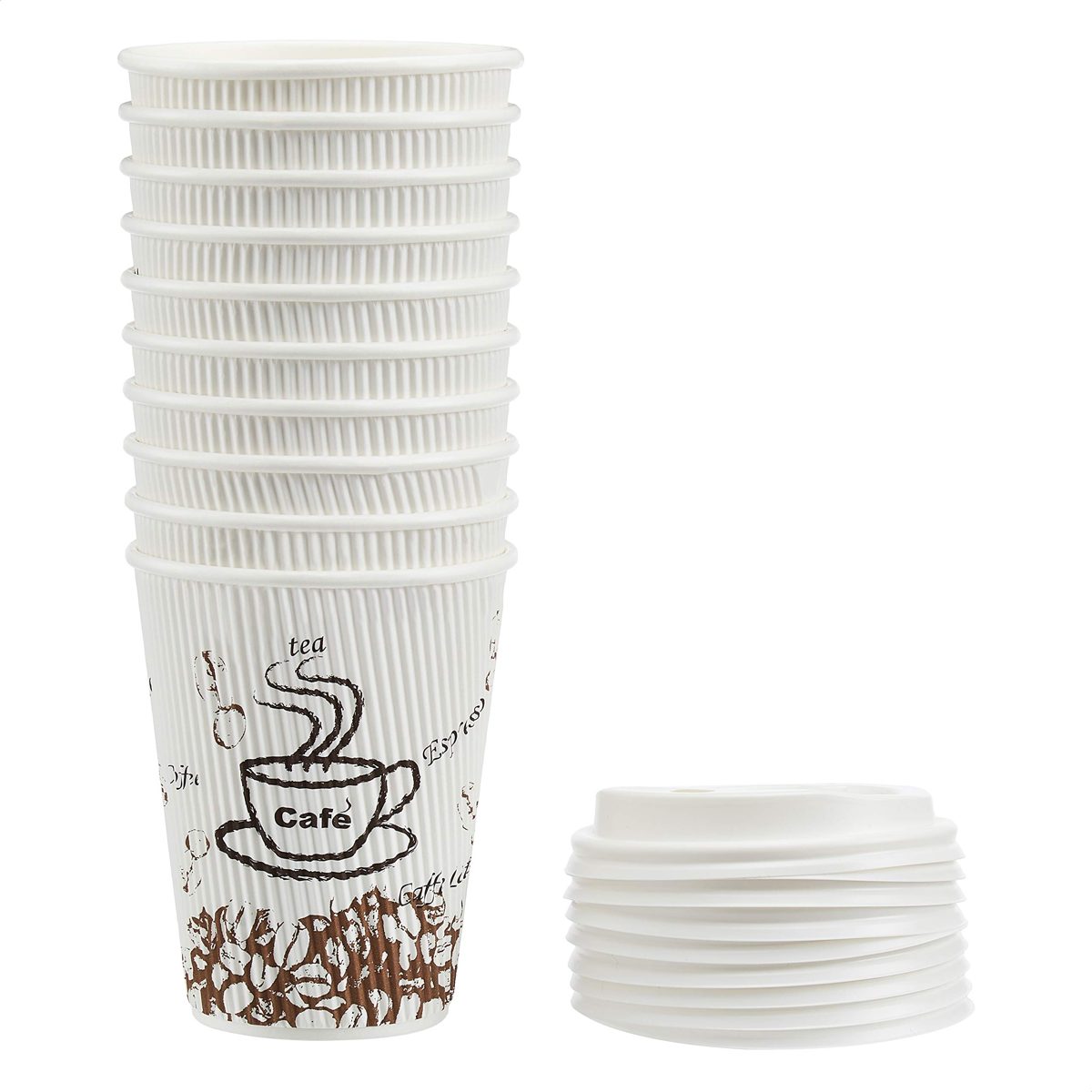 AmazonBasics Insulated Ripple Wall Hot Cups with Lids, Café Design, 12 oz, 100-Count