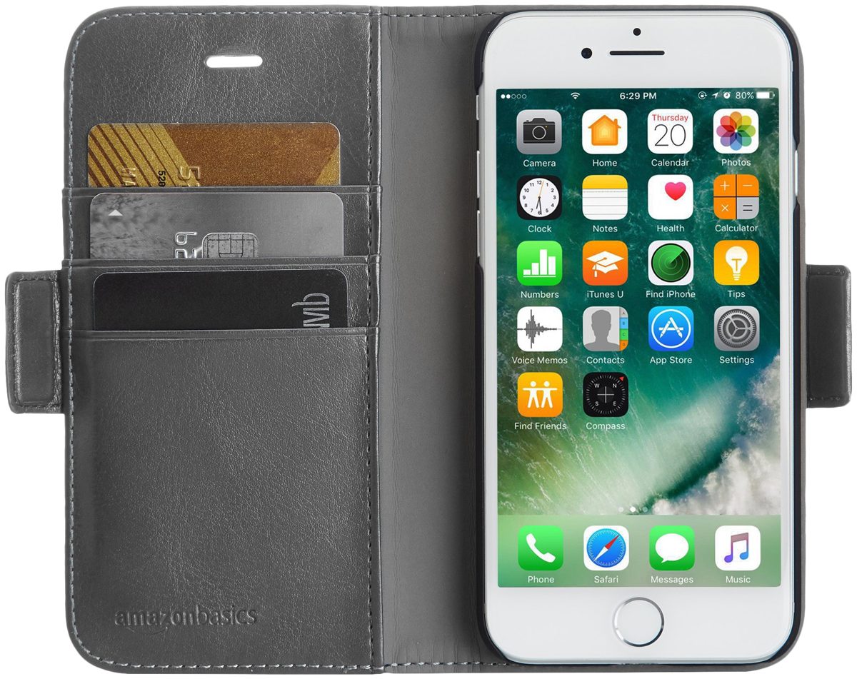 AmazonBasics iPhone Case, Freely-Removable Synthetic Leather One-Piece Wallet-Style Case, dk grey