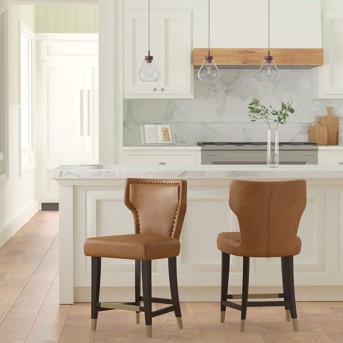 Amazon Brand – Stone & Beam Leather Counter-Height Barstool with Brass Nailhead Trim, 39"H, Cognac