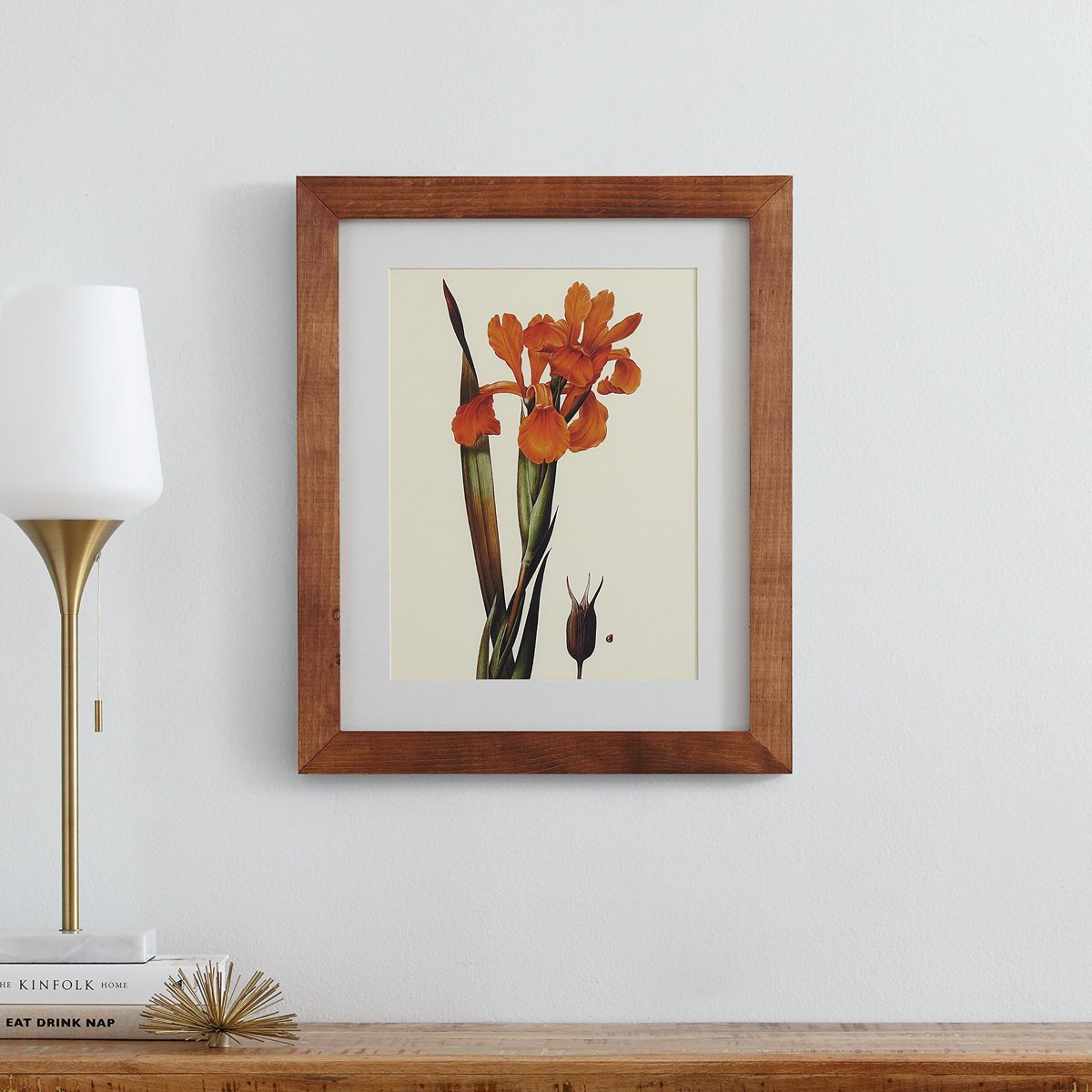 Amazon Brand – Stone & Beam Modern Orange Floral Print Wall Art, Weathered Brown Frame, 18.5" x 22.5"