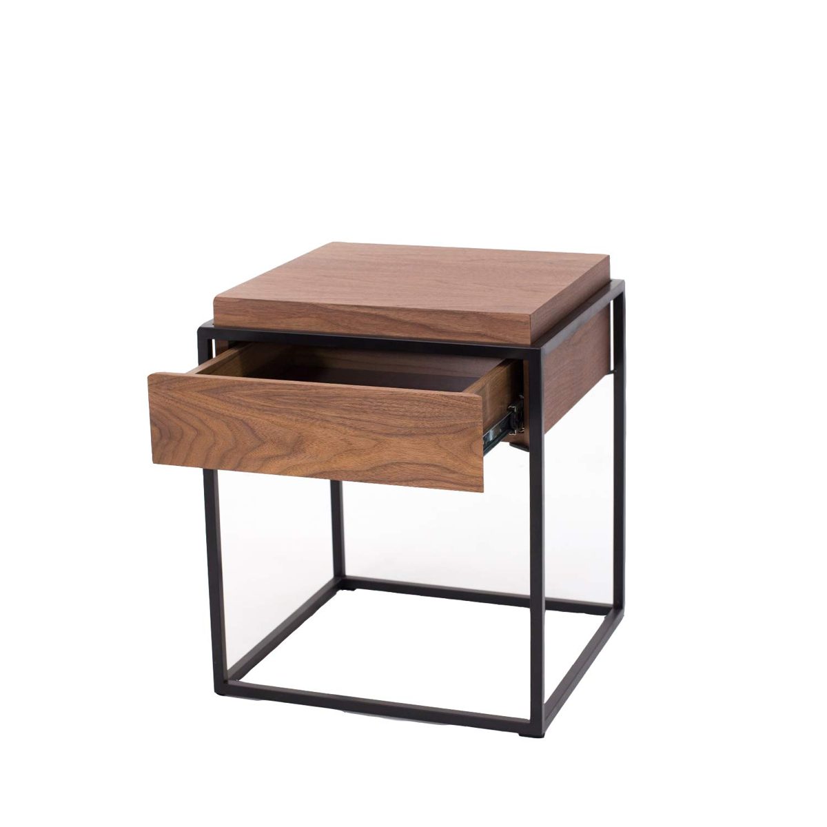 Amazon Brand - Rivet 1-Drawer End/Side Table, 43 x 43 x 52cm, MDF with Walnut Veneer/Black Metal Frame