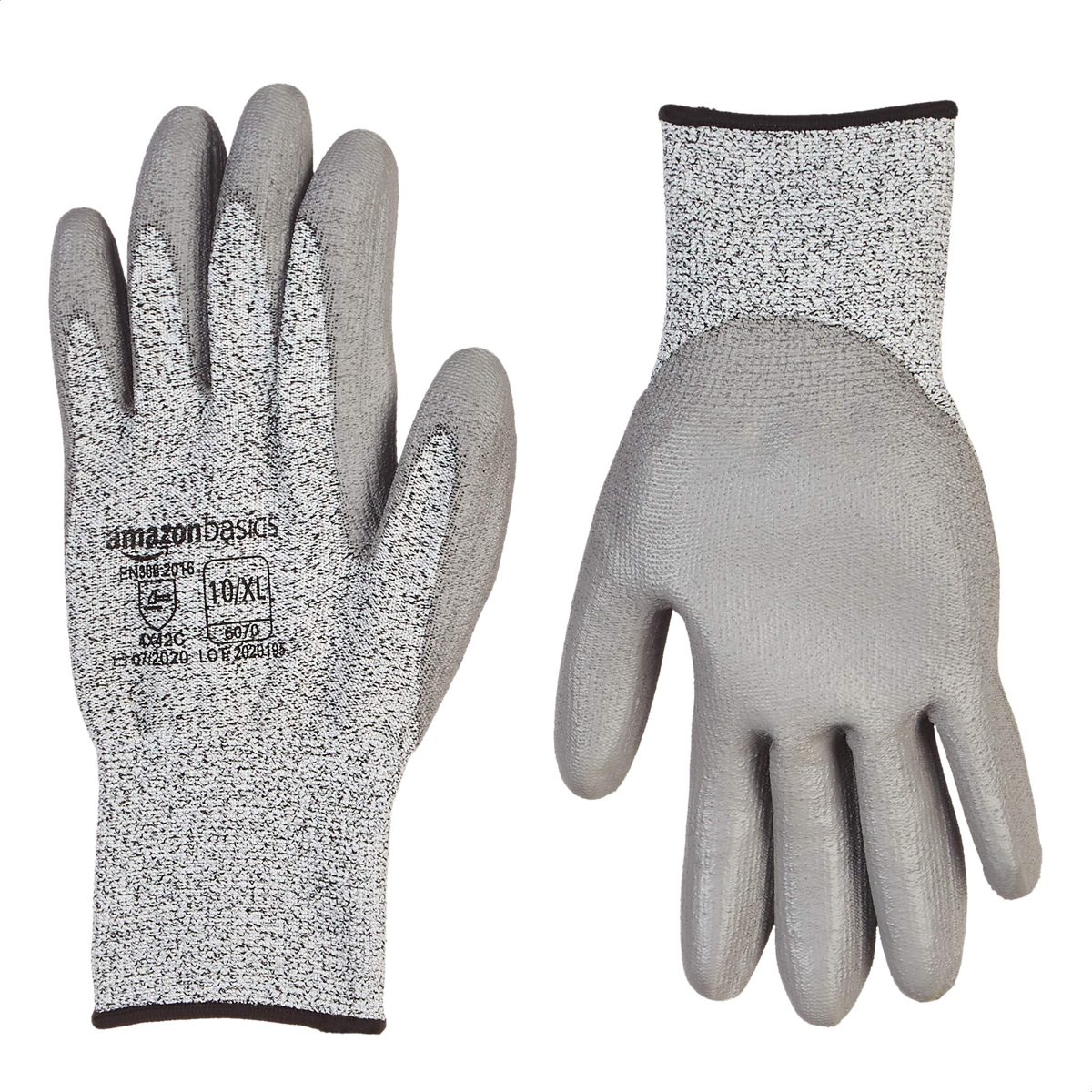 AmazonBasics Cut-Resistant Work Gloves, Cut Level A2, Polyurethane Coated Gloves, Touch Screen, Salt and Pepper, Size 10, XL