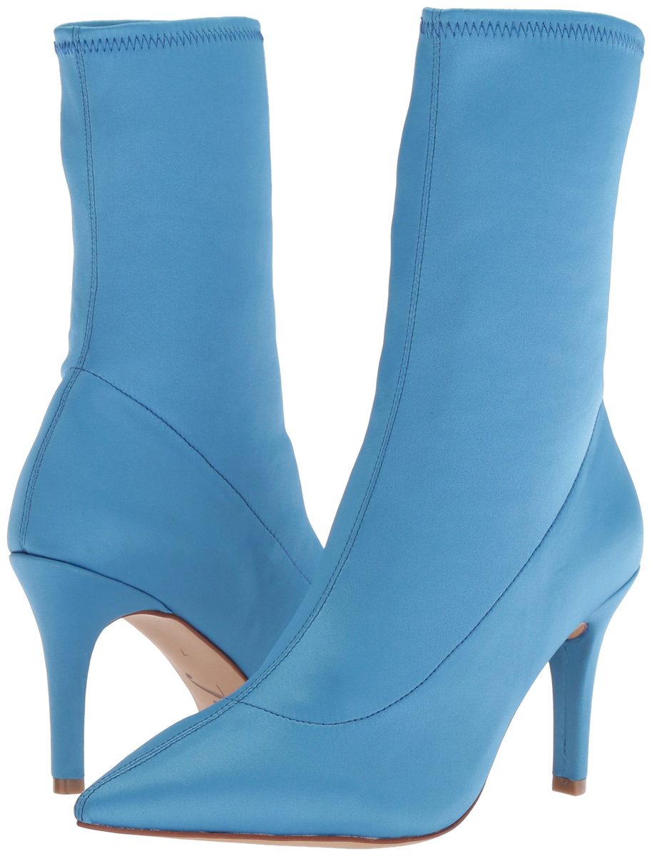 Amazon Brand - The Fix Women's Becca Pointed Toe Sock Boot, Cielo Blue Stretch Satin, 8 B US