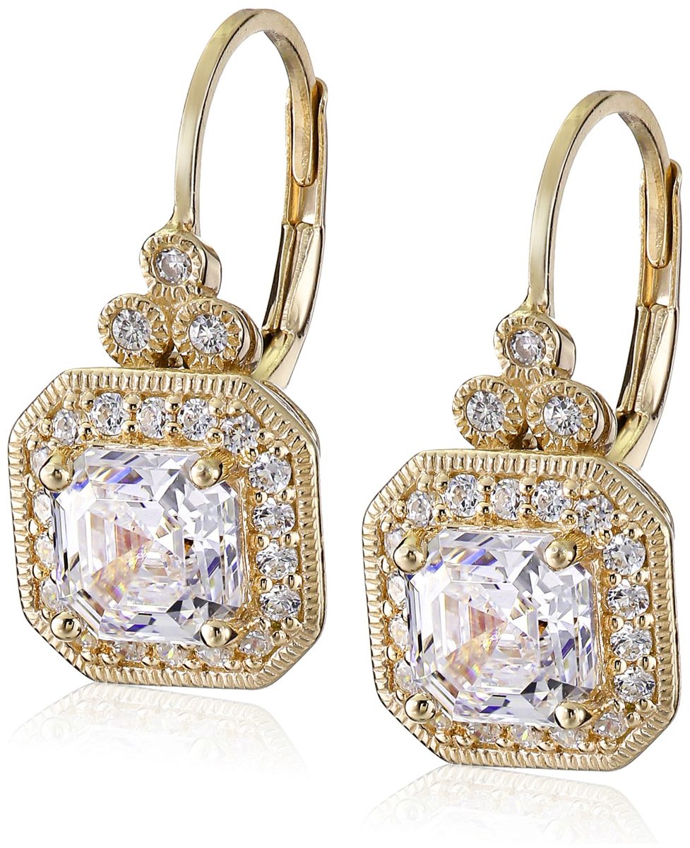 Yellow Gold Plated Sterling Silver Antique Drop Earrings set with Asscher Cut Swarovski Zirconia