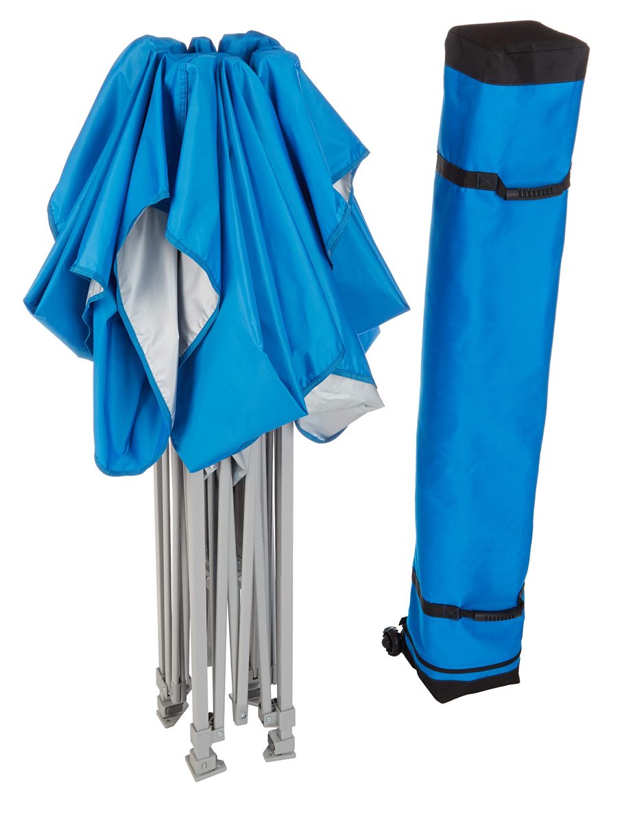 AmazonBasics Outdoor One-push Pop Up Canopy, 8ft x 8ft Top Slant Leg with Wheeled Carry, Blue