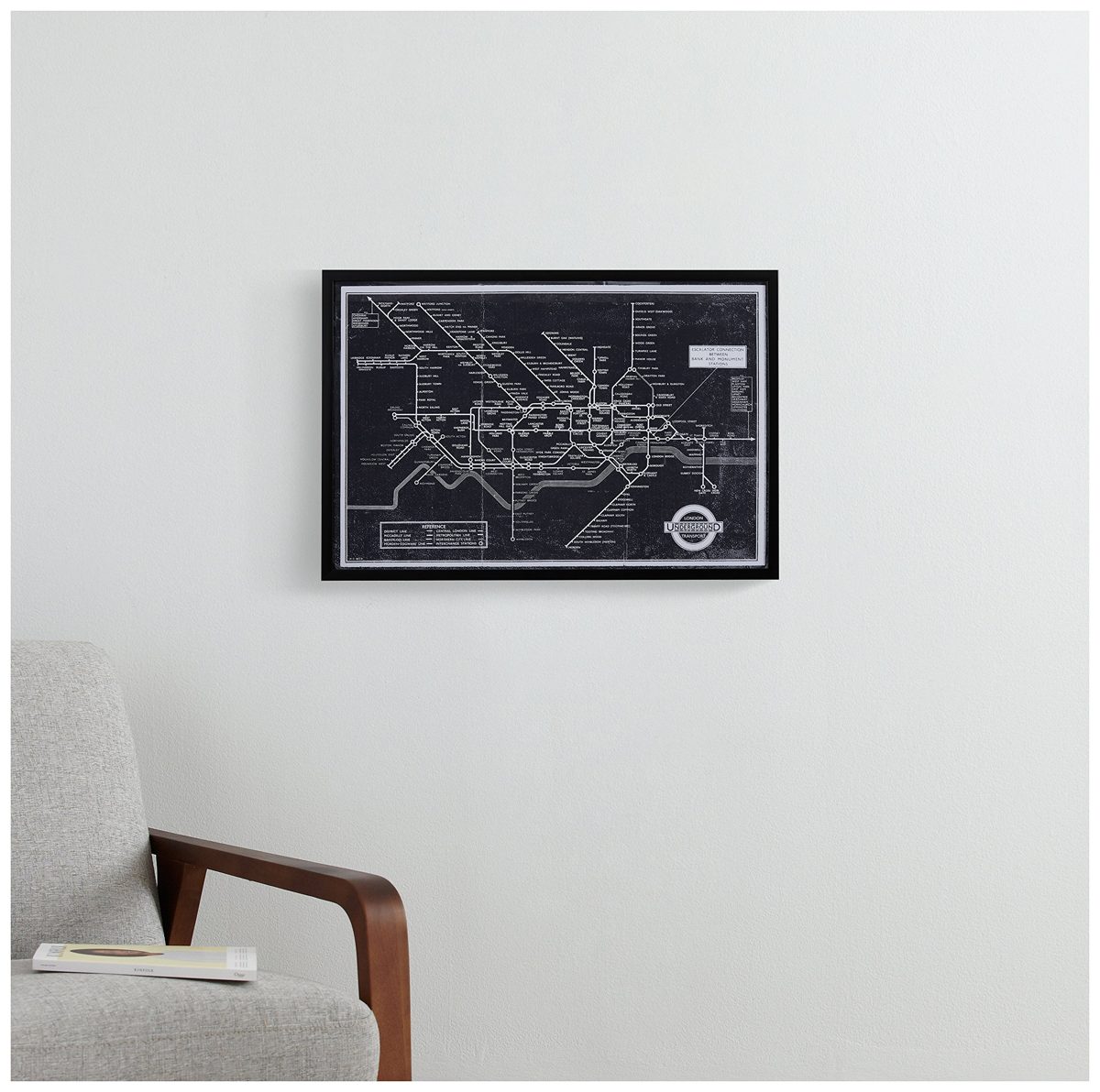 Amazon Brand – Rivet Black and White Blueprint Map of London Underground Wall Art, Black Frame, 26" x 18"