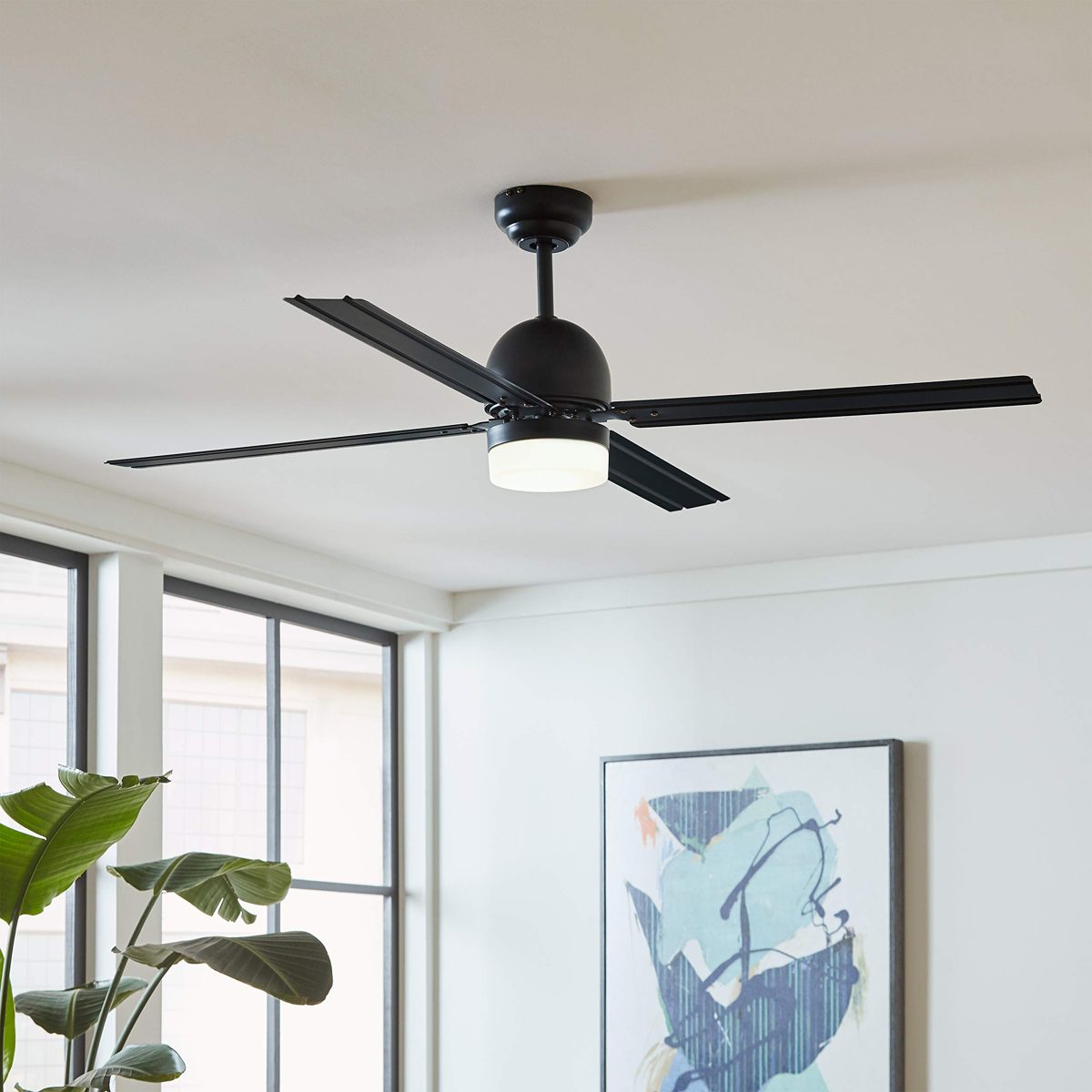Amazon Brand – Rivet Modern Straight Blade Remote Control Flush Mount Ceiling Fan with Integrated LED Light - 53 x 53 x 16 Inches, Matte Black