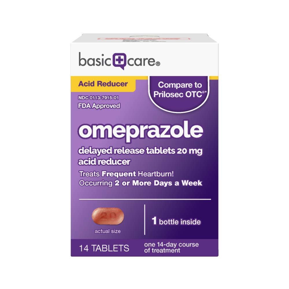 Amazon Basic Care Omeprazole Delayed Release Tablets 20 mg, Acid Reducer, treats frequent heartburn, 14 Count