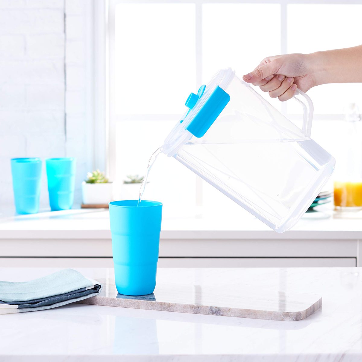 Amazon Brand - Solimo Pitcher with Tumbler Set, Set of 5, Blue