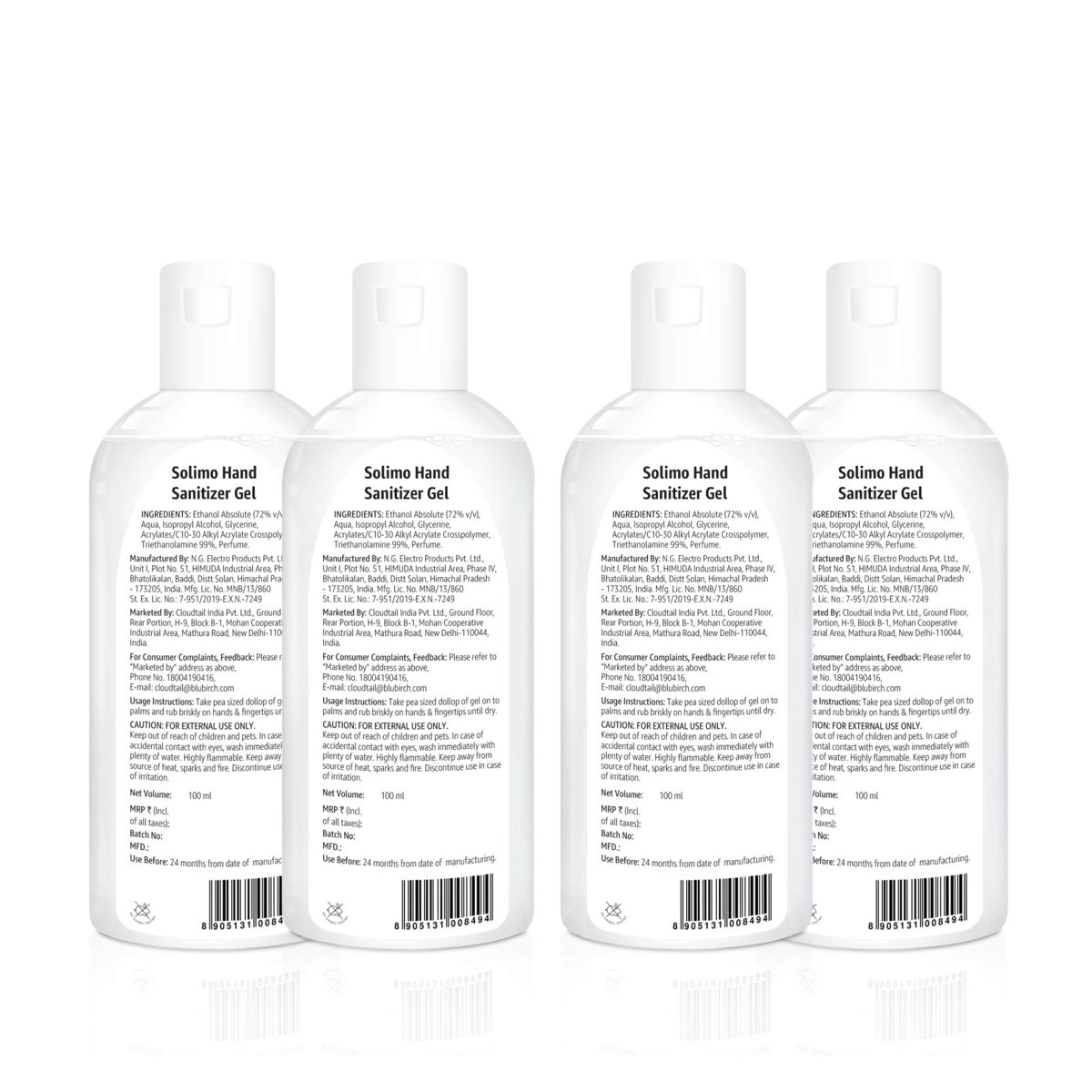 Amazon Brand - Solimo Hand Sanitizer Gel (72% Ethanol Absolute) - 100 ml (Pack of 4)