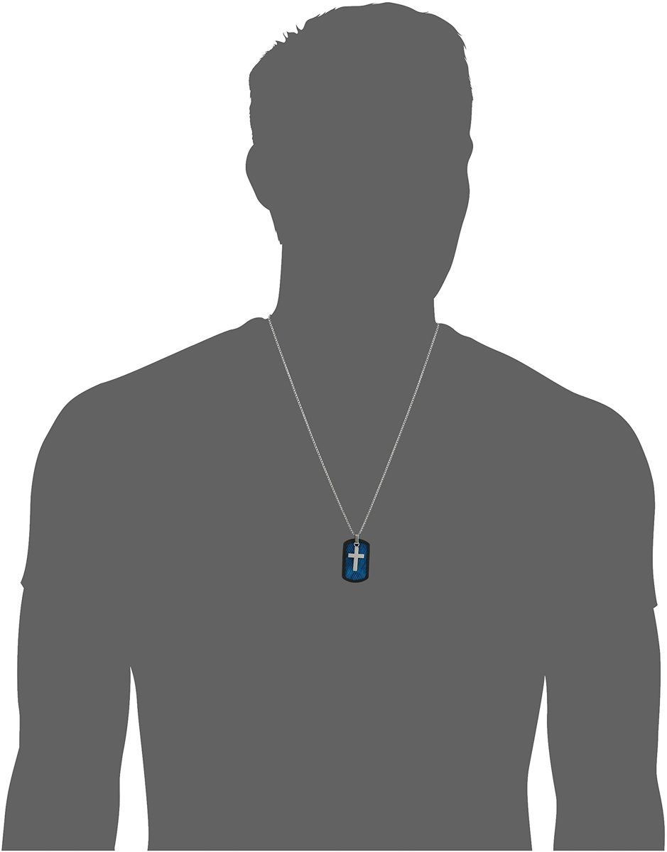 Men's Stainless Steel and Rubber Textured Dog Tag with Blue Ip and 24" Box Chain Pendant Necklace